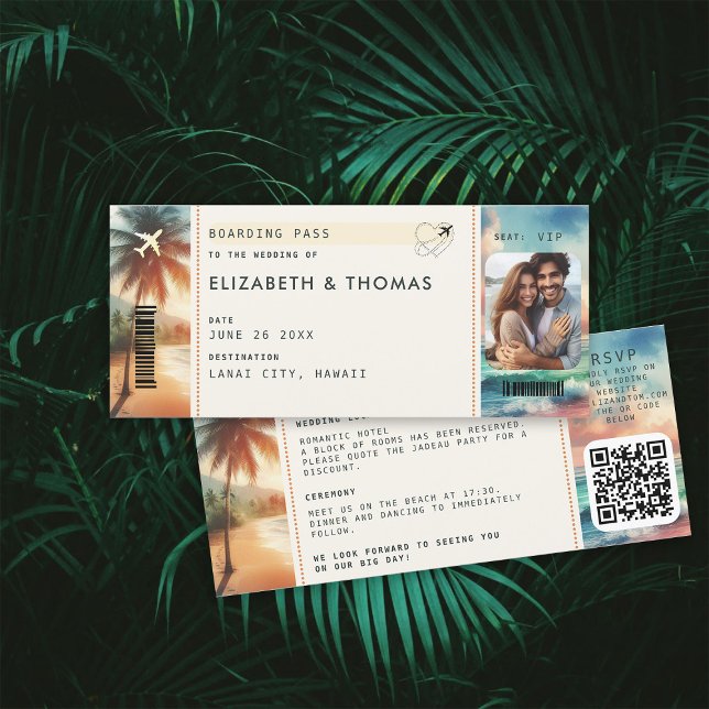 Tropical Beach Destination Boarding Pass Wedding Einladung (beach destination wedding invitation boarding pass qr code all in one tropical watercolor sunset)
