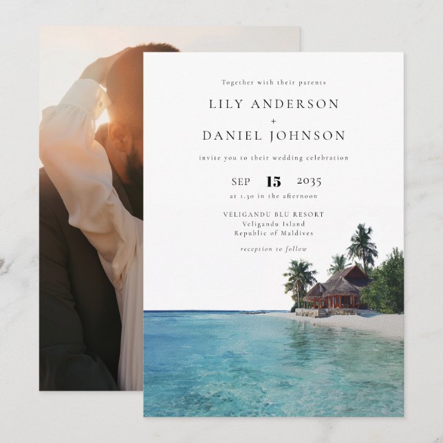 Tropical Beach Destination Photo Wedding Einladung (Vorne/Hinten)