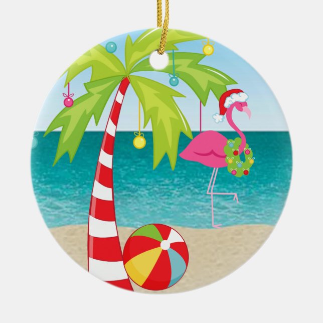 Tropical Beach Flamant rose Palm ornement de Noël (Devant)