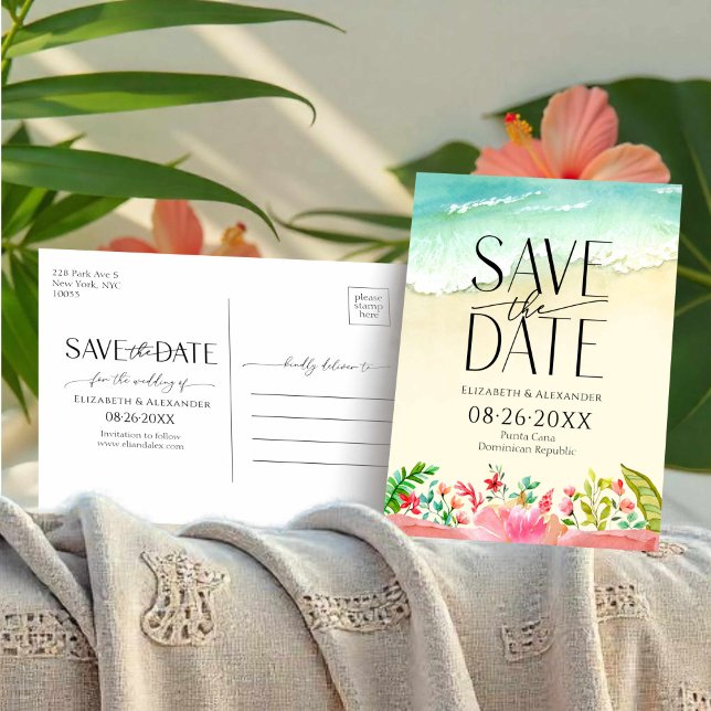 Tropical Beach Floral Calligraphy Save the Date Postkarte (Von Creator hochgeladen)