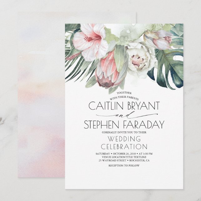 Tropical Beach Floral Green Foliage Hochzeit Einladung (Vorne/Hinten)