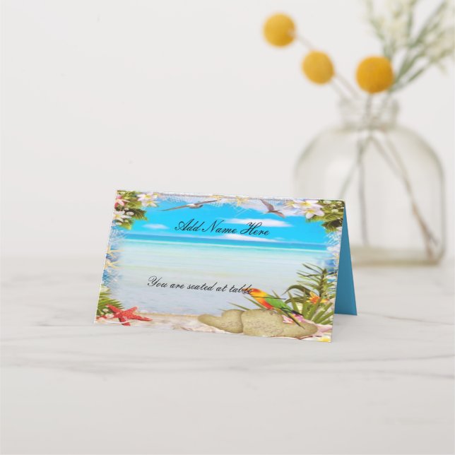 Tropical Beach Floral Wedding geklappter Tisch Platzkarte (Vorderseite)