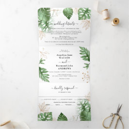 Tropical Beach Foliage & Gold Hochzeit Dreifach Gefaltete Einladung