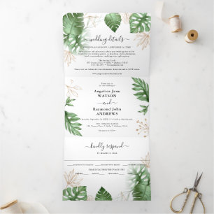 Tropical Beach Foliage & Gold Hochzeit Dreifach Gefaltete Einladung