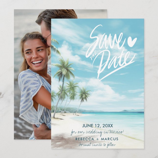 Tropical Beach Foto Wedding Save the Date Einladung (Vorne/Hinten)