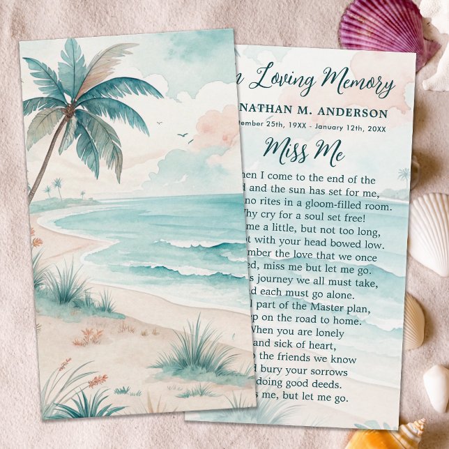 Tropical Beach Funeral Modern Memorial Prayer Card (Créateur téléchargé)