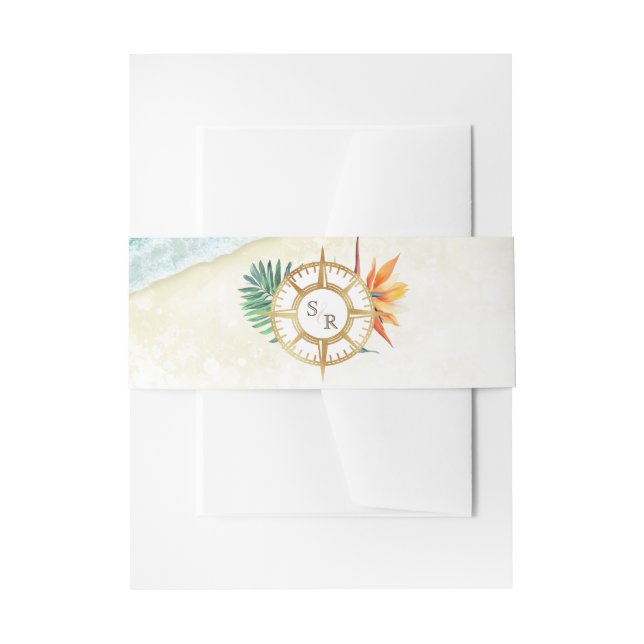 Tropical Beach Gold Compass Monogram Passport Einladungsbanderole (Vorderseite Beispiel)