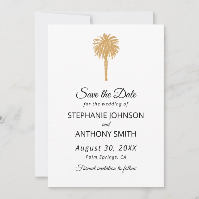 Tropical Beach Gold Palm Tree Hochzeit in Urlaubso Save The Date (Vorderseite)