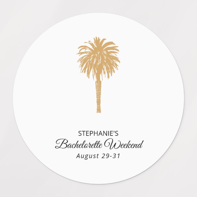 Tropical Beach Gold Palm Zielort Bachelorette Etiketten (Design 1)