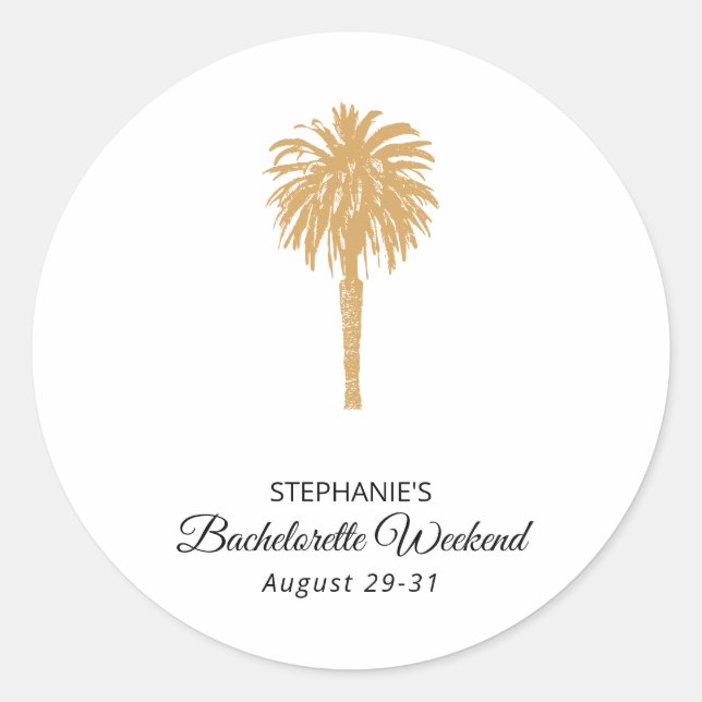 Tropical Beach Gold Palm Zielort Bachelorette Runder Aufkleber (Vorderseite)