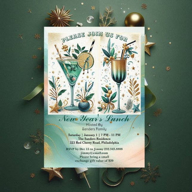 Tropical Beach Gold Sundowner Cocktail Neujahr Einladung (Tropical Beach Gold Sundowner Cocktail New Year Invitation)