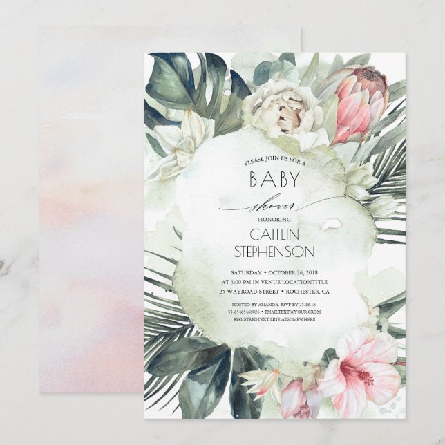 Tropical Beach Green und Blume Babydusche Einladung (Vorne/Hinten)
