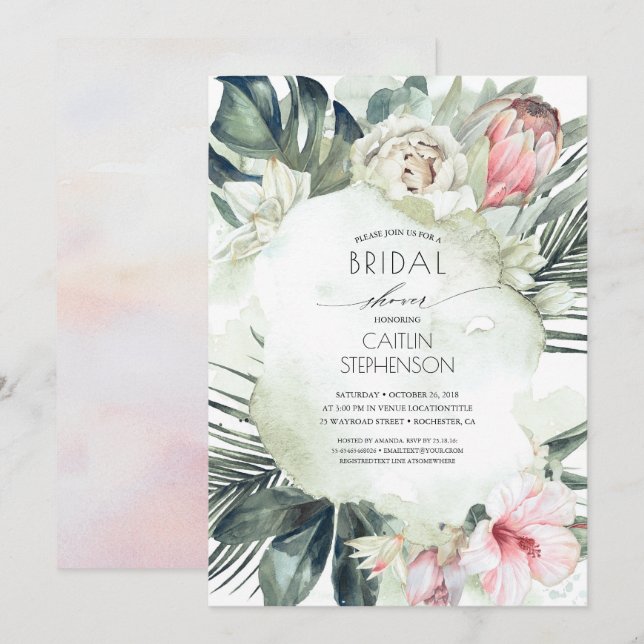 Tropical Beach Green und Blume Brautparty Einladung (Vorne/Hinten)