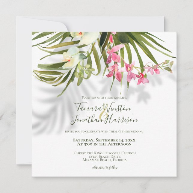 Tropical Beach Greenery Pink Blues Hochzeit Einladung (Vorderseite)
