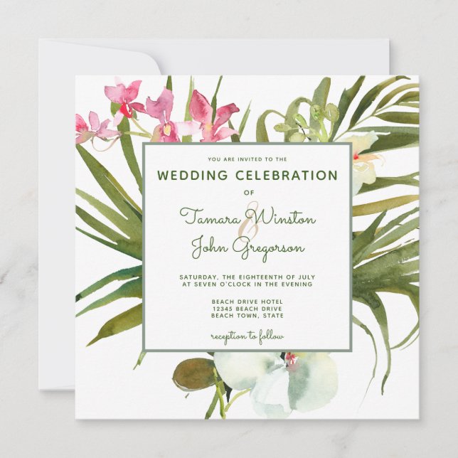 Tropical Beach Greenery Pink Floral Weiße Orchidee Einladung (Vorderseite)