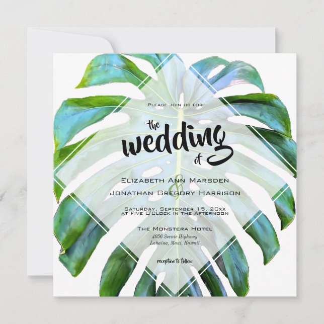 Tropical Beach Hawaii Wedding Monstera Leaf Einladung (Vorderseite)