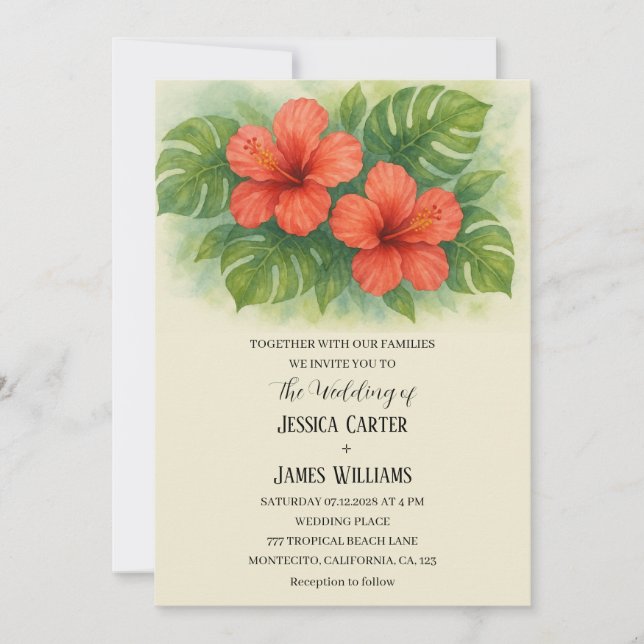 Tropical Beach Hawaiian Hibiskus Wedding Einladung (Vorderseite)