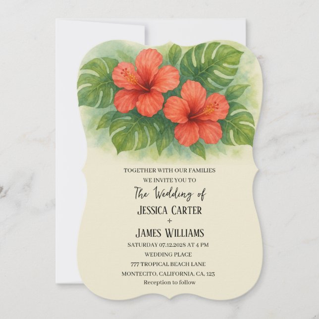 Tropical Beach Hawaiian Hibiskus Wedding Einladung (Vorderseite)
