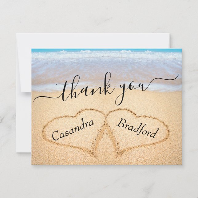 Tropical Beach Hearts in Sand Wedding Dankeskarte (Vorderseite)