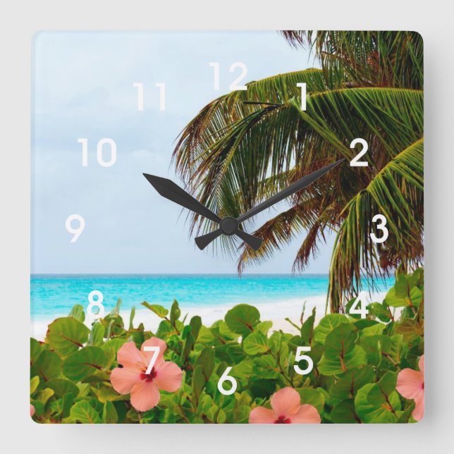 Tropical Beach Hibiscus Palm Tree Wall Clock Quadratische Wanduhr (Vorderseite)