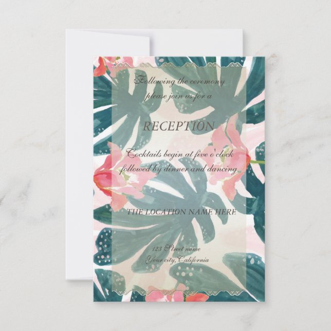 Tropical Beach Hibiskus Palm Blätter Empfang Einladung (Vorderseite)