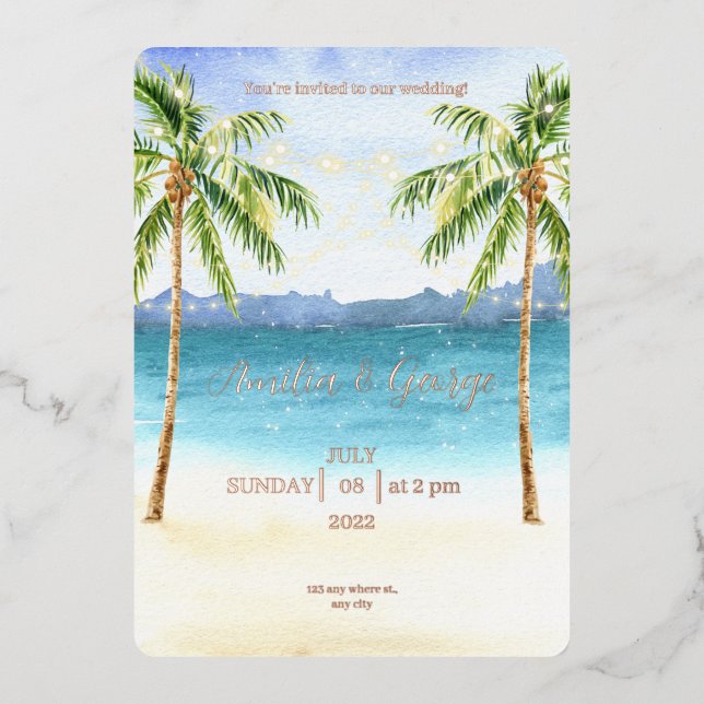 Tropical Beach Hochzeit Einladung Folie Gold (Vorderseite)