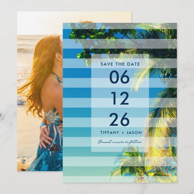 Tropical Beach Hochzeit in Urlaubsort Foto Einladung (Vorne/Hinten)