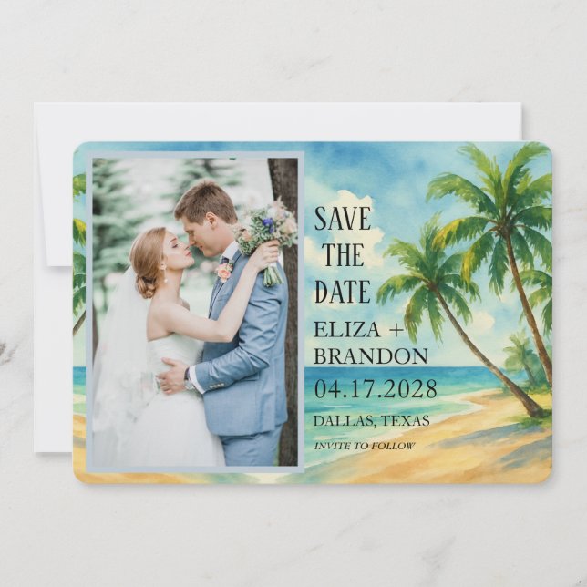Tropical Beach Hochzeit in Urlaubsort Foto Save The Date (Vorderseite)