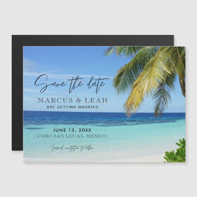 Tropical Beach Hochzeit in Urlaubsort Magneteinladung (Vorne/Hinten)