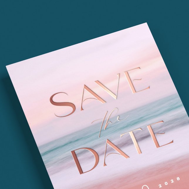 Tropical Beach Hochzeit in Urlaubsort Save the Dat Folieneinladung (Rose Gold foil luxury destination sunset beach wedding save the date card)