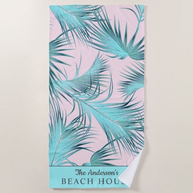 Tropical Beach House Palm Fronten mit Ihrem Namen Strandtuch (Vorderseite)