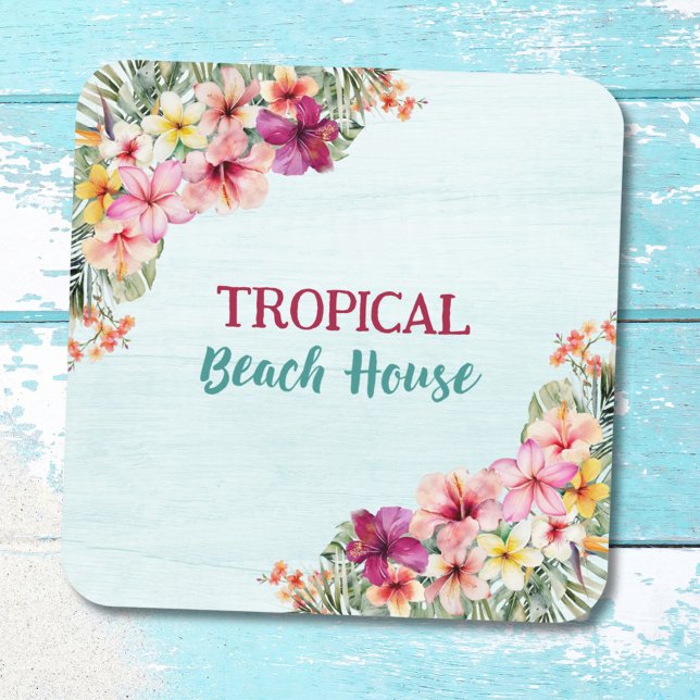 Tropical Beach House Pink Blume Blumen Botanische Getränkeuntersetzer (In situ)