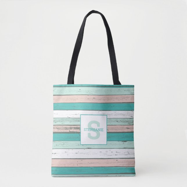 Tropical Beach Hütte Rustic Wood Monogram Tasche (Vorderseite)