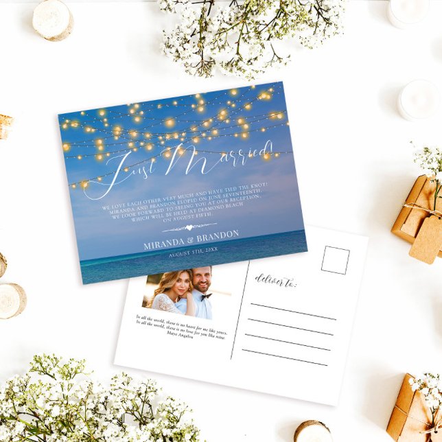 Tropical Beach Just Married Hochzeit Ankündigung Postkarte (Von Creator hochgeladen)