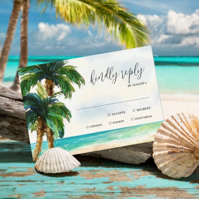 Tropical Beach Lagoon | Palm Tree Paradise Wedding RSVP Karte (Von Creator hochgeladen)