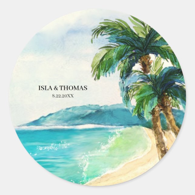 Tropical Beach Lagoon | Palm Tree Paradise Wedding Runder Aufkleber (Vorderseite)