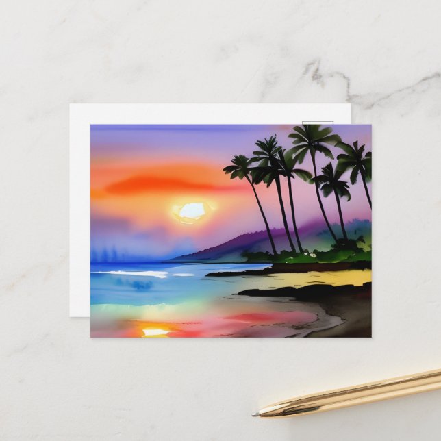Tropical Beach Landschaftlich Watercolor Postkarte (Vorderseite/Rückseite Beispiel)