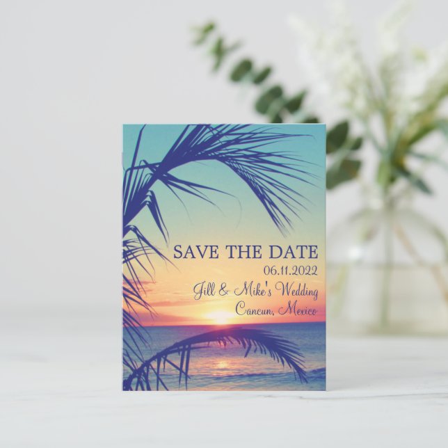 Tropical Beach Mexico Wedding rettet das Datum Ankündigungspostkarte (Stehend Vorderseite)