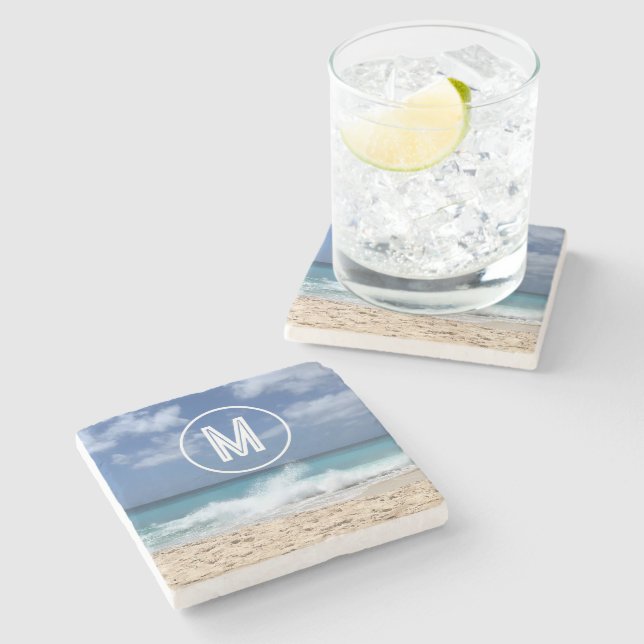 Tropical Beach Monogram Steinuntersetzer (Seitenansicht)