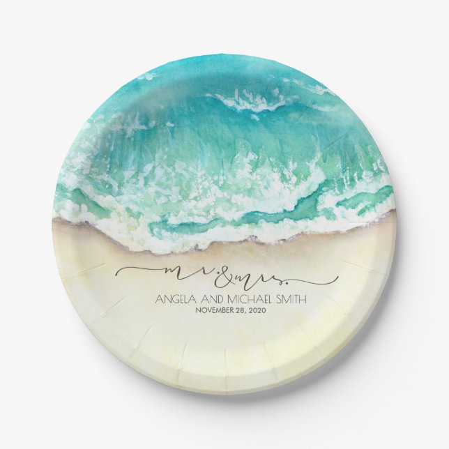 Tropical Beach Mr. und Mrs. Wedding Pappteller (Vorderseite)
