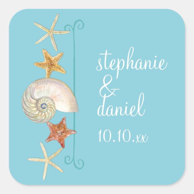 Tropical Beach Muscheln Starfish Nautilus Summer Quadratischer Aufkleber (Vorderseite)
