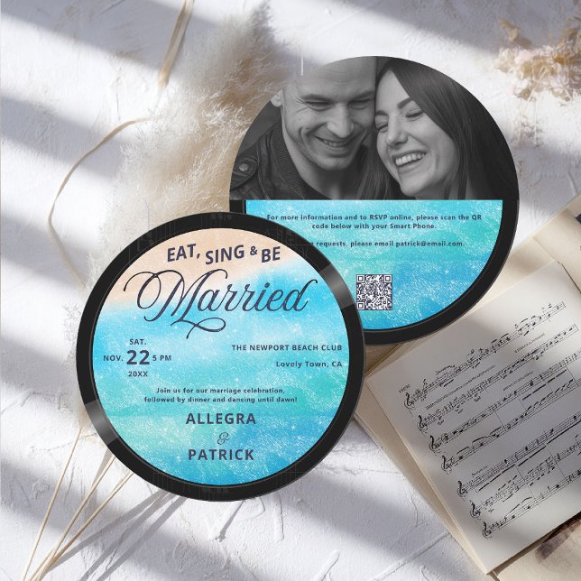 Tropical Beach Musician All One Foto QR Hochzeit Einladung (music theme wedding invitation rock vinyl record tropical beach blue sand photo qr code all one)