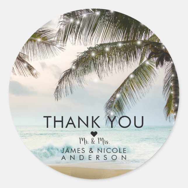 Tropical Beach Ocean Palm Trees & Lights Wedding Runder Aufkleber (Vorderseite)