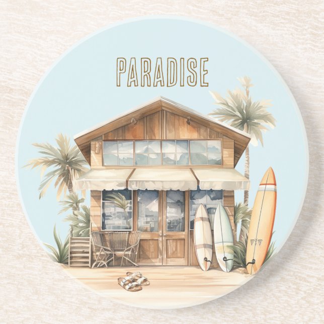 Tropical Beach Ocean Sand Surfboards House Getränkeuntersetzer (Vorne)