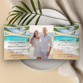 Tropical Beach Palm Blätter String Lights Wedding Dreifach Gefaltete Einladung