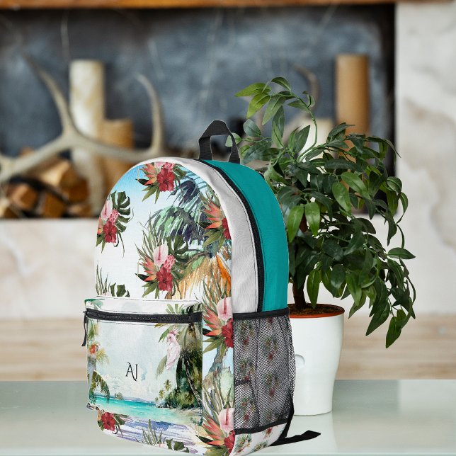 Tropical Beach Palm Floral | Monogramm Bedruckter Rucksack (Von Creator hochgeladen)