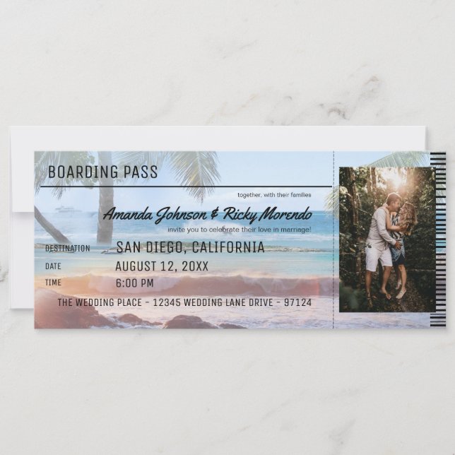 Tropical Beach Palm Hochzeit in Urlaubsort mit Fot Einladung (Vorderseite)