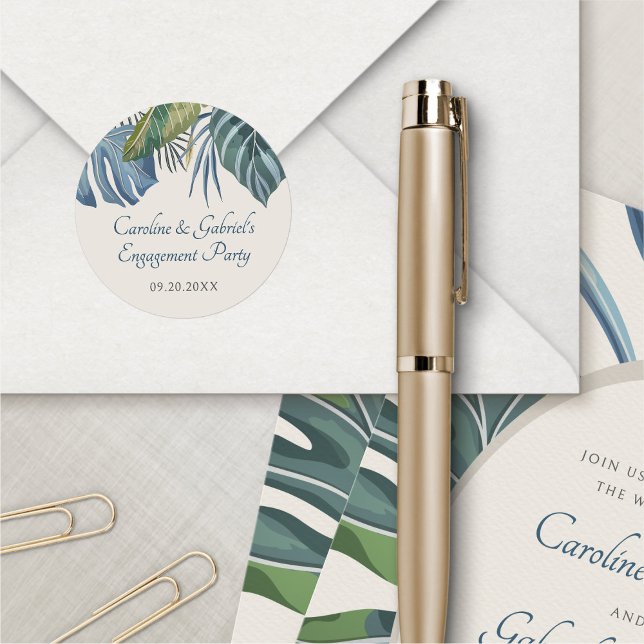 Tropical Beach Palm Polterabend Party Runder Aufkleber (Von Creator hochgeladen)