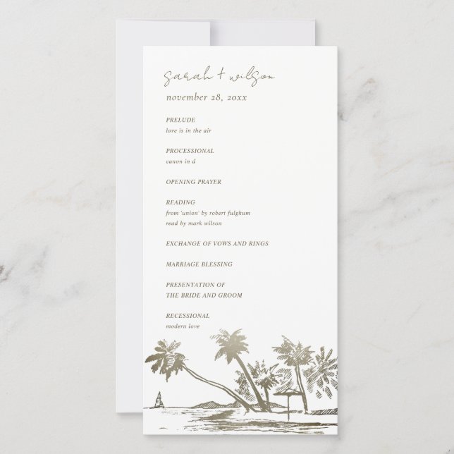 Tropical Beach Palm Sketch Gold Wedding Programm (Vorderseite)