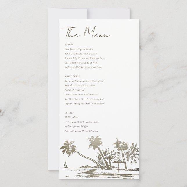 Tropical Beach Palm Sketch Wedding Gold Menü Card Dankeskarte (Vorderseite)
